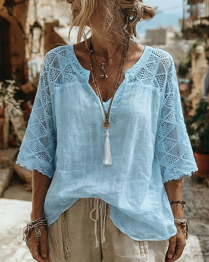 Essien - חולצת V-neck רפויה עם שרוולי תחרה
