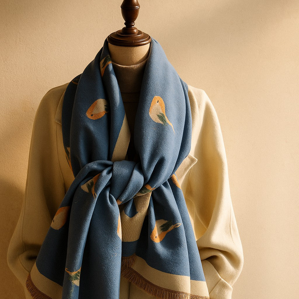 Jesmyn - צעיף צמר דו-צדדי עם הדפס ציפורים