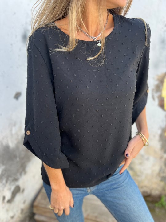Lyutsiya - חולצת קז'ואל עם צווארון עגול ושרוולים ארוכים עם רקמה