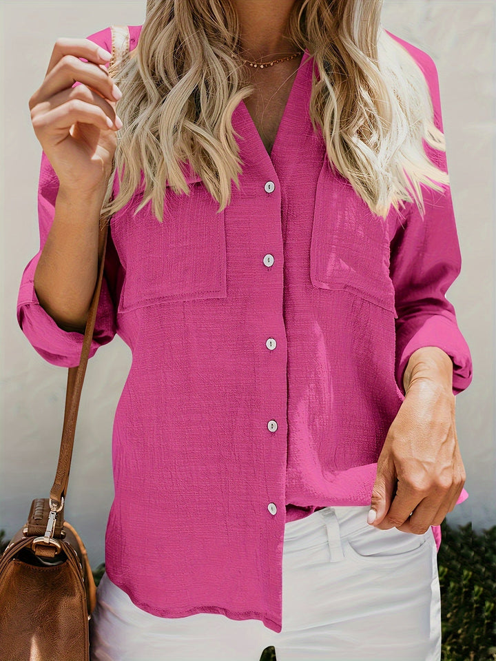 Priscilla - חולצת צווארון V עם שרוולים ארוכים וכפתורים בחזית