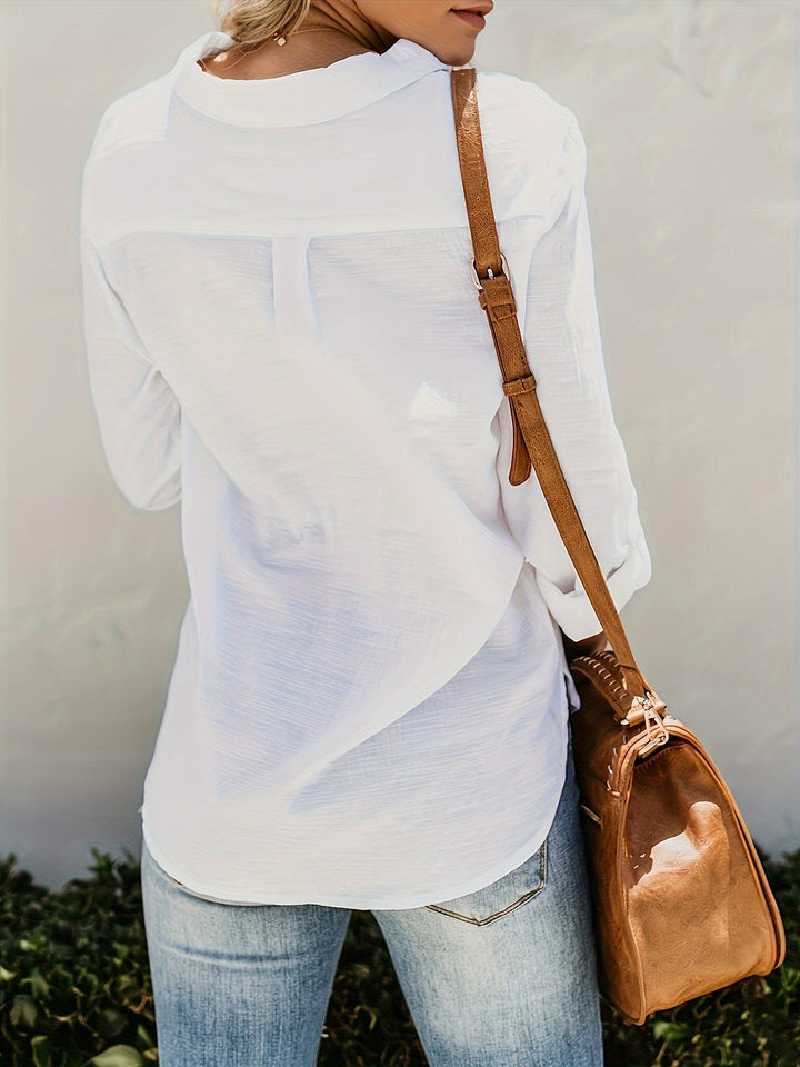 Priscilla - חולצת צווארון V עם שרוולים ארוכים וכפתורים בחזית