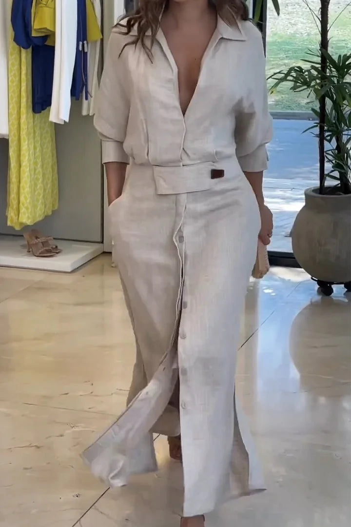 Simona - שמלת מקסי מִכּותָנָה ופשתן