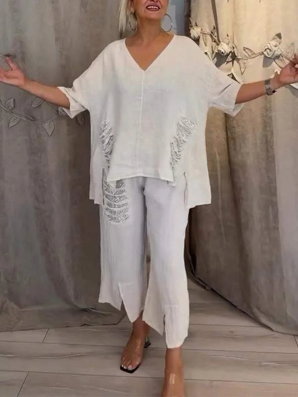 Himashi - חליפת שני חלקים מסוגננת מכותנה ופשתן עם מחשוף V