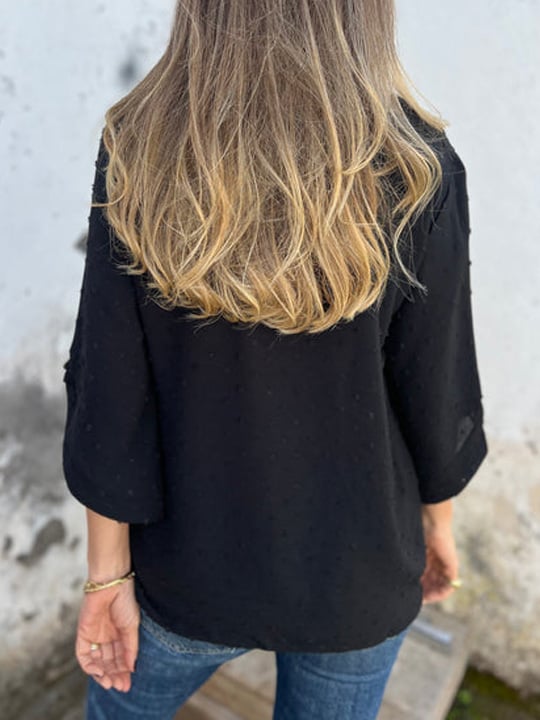 Lyutsiya - חולצת קז'ואל עם צווארון עגול ושרוולים ארוכים עם רקמה