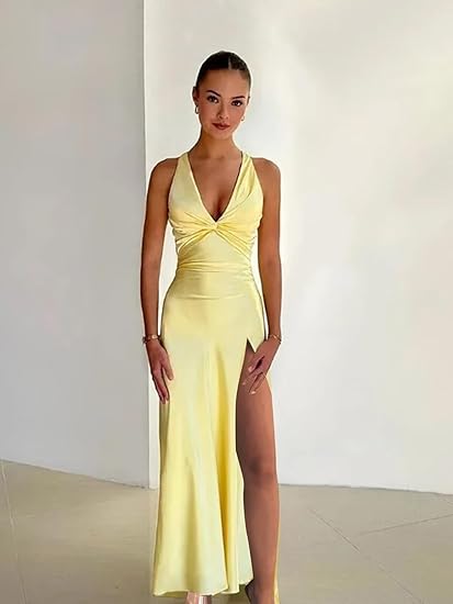 Fabiola - שמלת מקסי אלגנטית עם מחשוף V ושרוולים קצרים