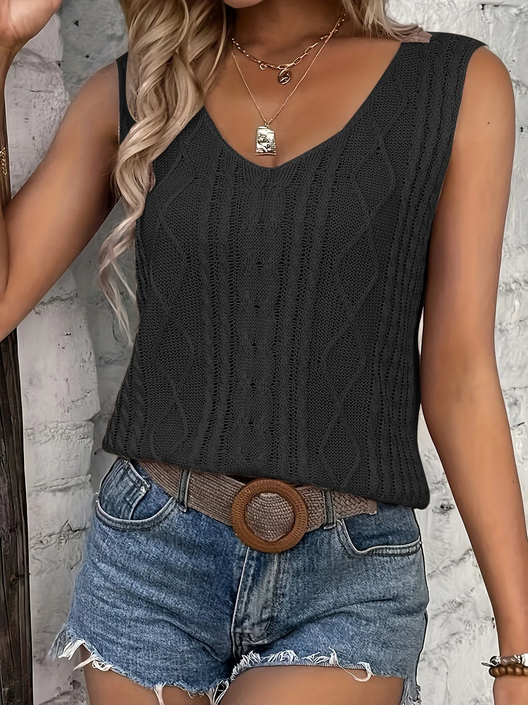 Juno -  חולצת סריג קז'ואל ללא שרוולים עם צווארון V