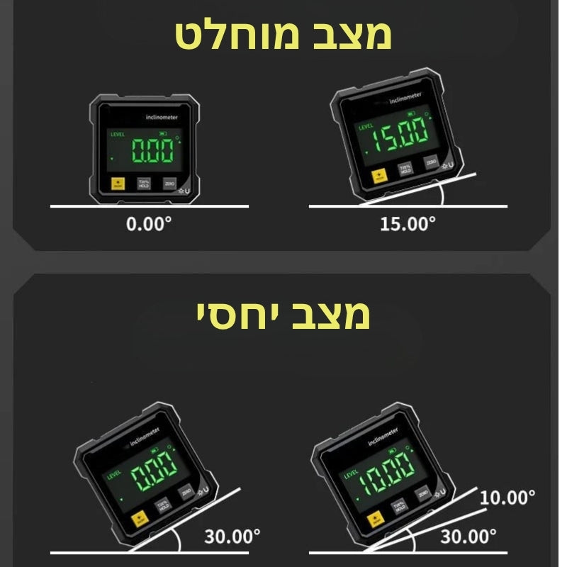 MagPro - מד זווית דיגיטלי מגנטי בעל 4 צדדים עם לייזר