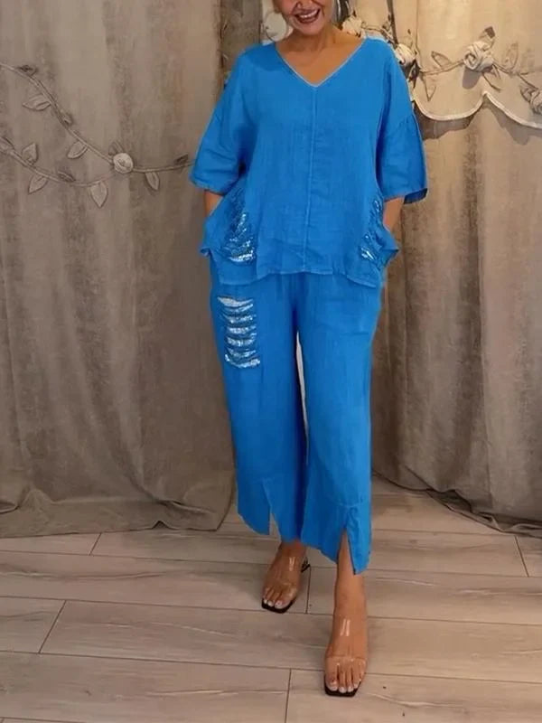 Himashi - חליפת שני חלקים מסוגננת מכותנה ופשתן עם מחשוף V