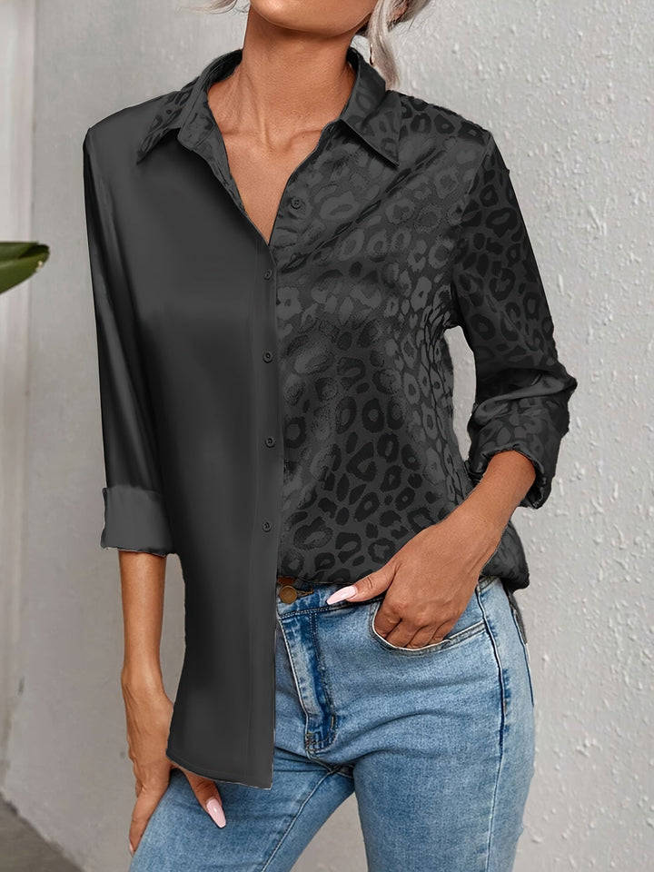 Gwendolyn - חולצת כפתורים דו-גוונית בסאטן עם הדפס ג'קארד נמר