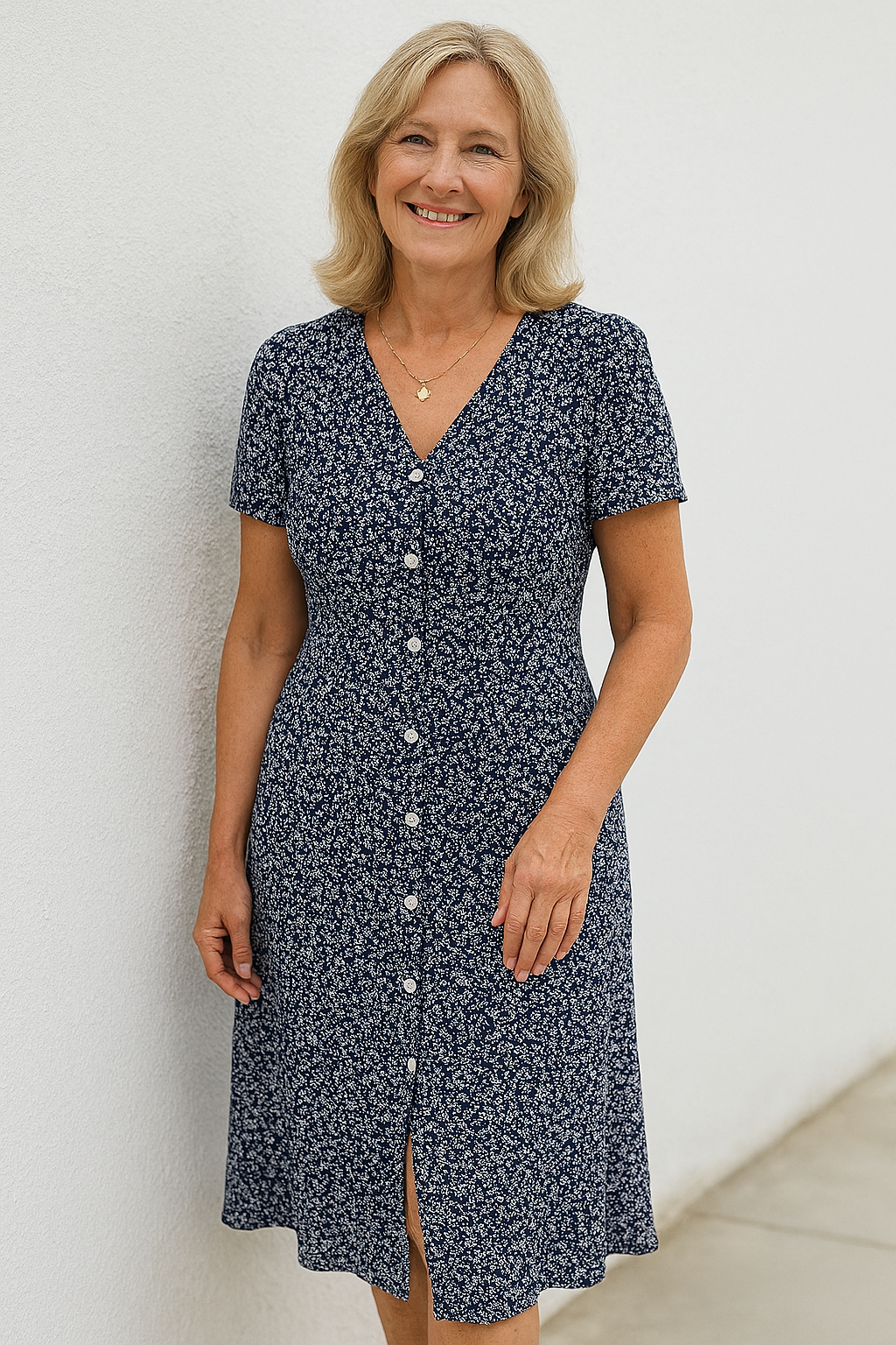 Rayella - שמלת מידי עם מחשוף V וכפתורים