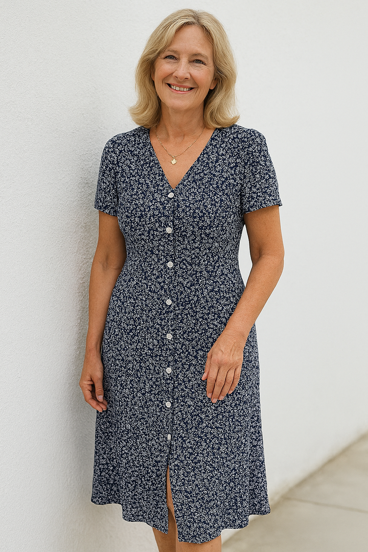 Rayella - שמלת מידי עם מחשוף V וכפתורים