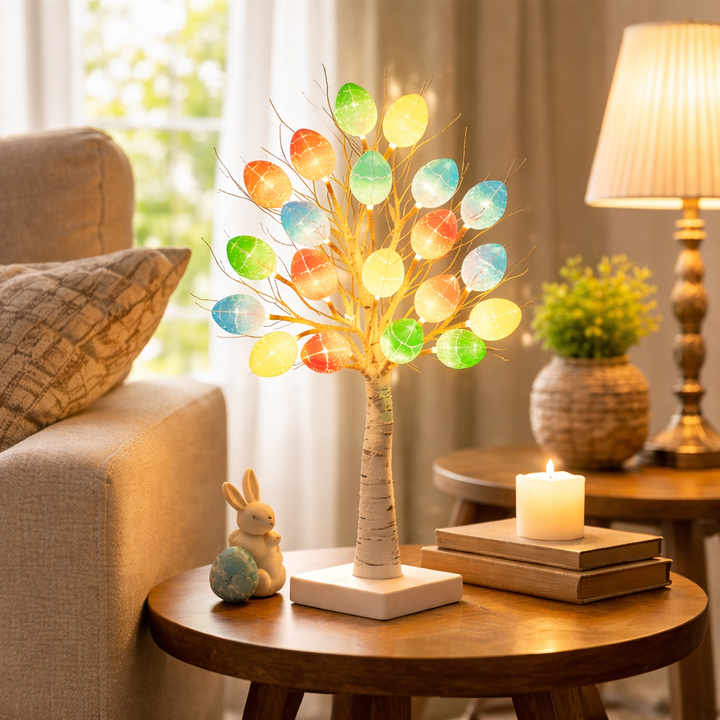 SpringAura - עץ חג הפסחא צבעוני עם נורות LED לעיצוב ביתי חגיגי