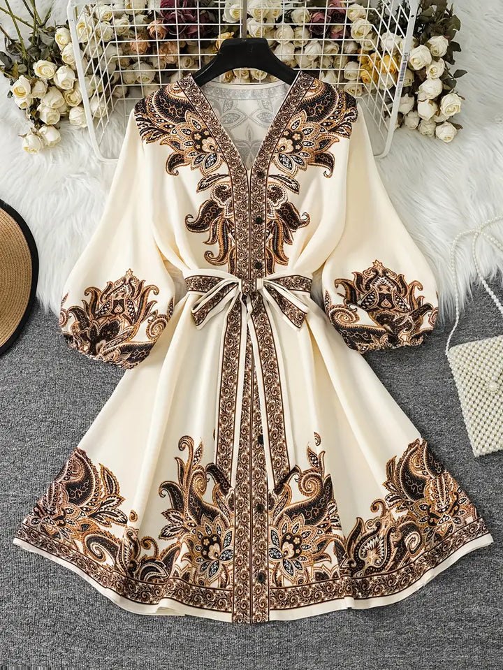 Gwenda - שמלת קו A עם הדפס פייזלי וצווארון V