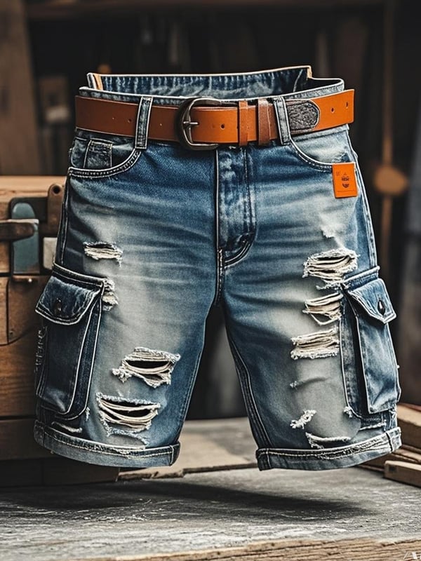 מכנסי ג'ינס קצרים וינטג' פונקציונליים לגברים