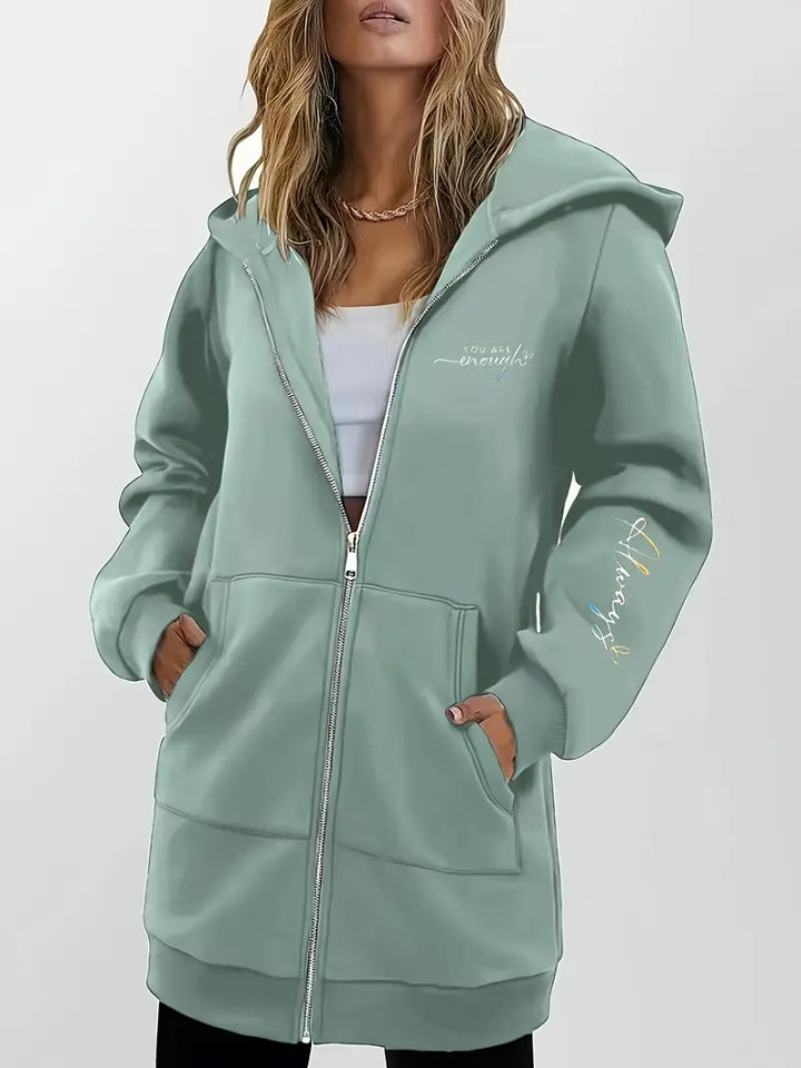 Angeleen - ז'קט עם רוכסן, הדפס גיאומטרי וכובע