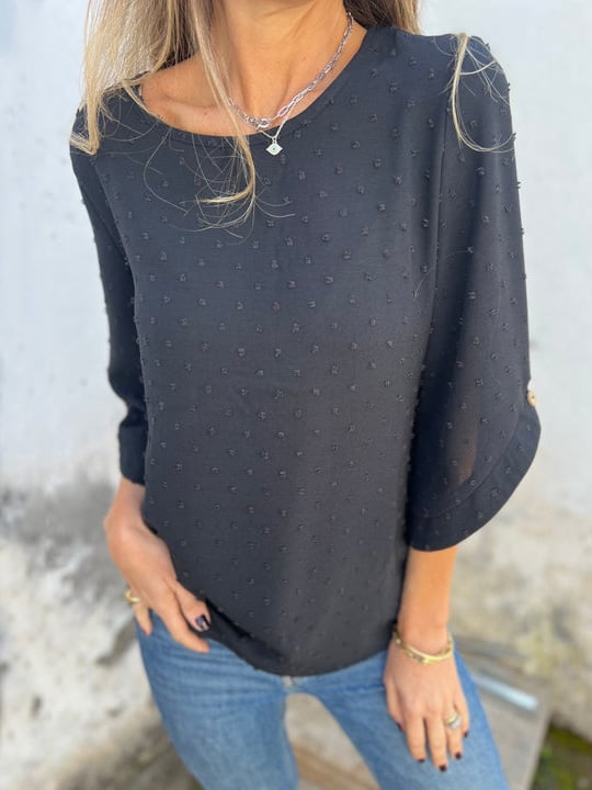 Lyutsiya - חולצת קז'ואל עם צווארון עגול ושרוולים ארוכים עם רקמה