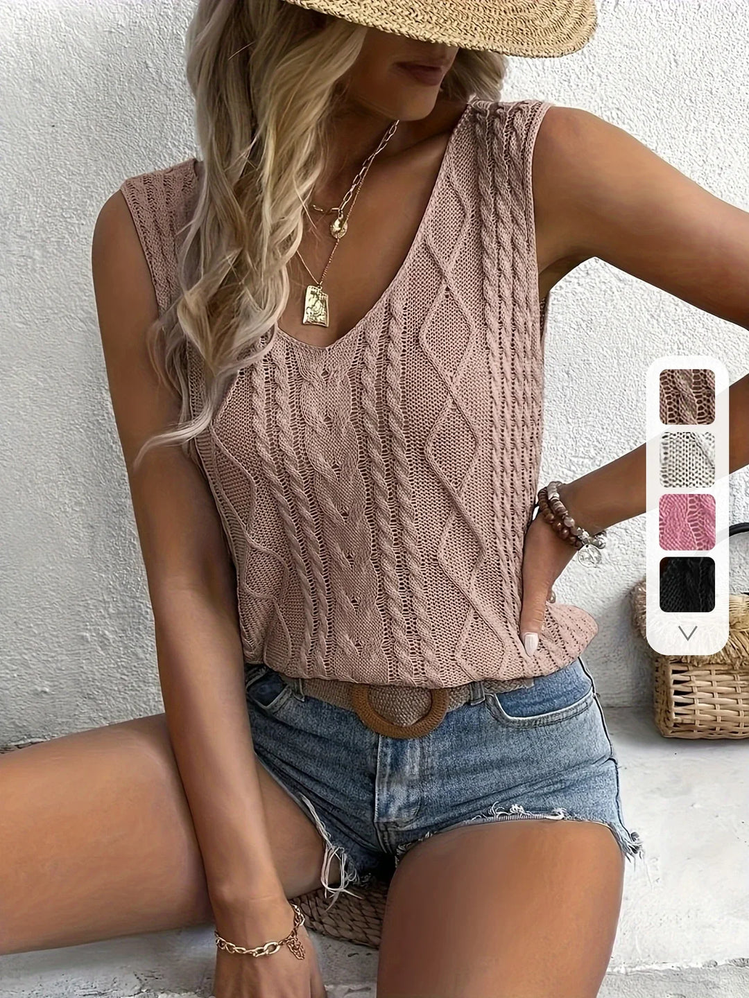 Juno -  חולצת סריג קז'ואל ללא שרוולים עם צווארון V