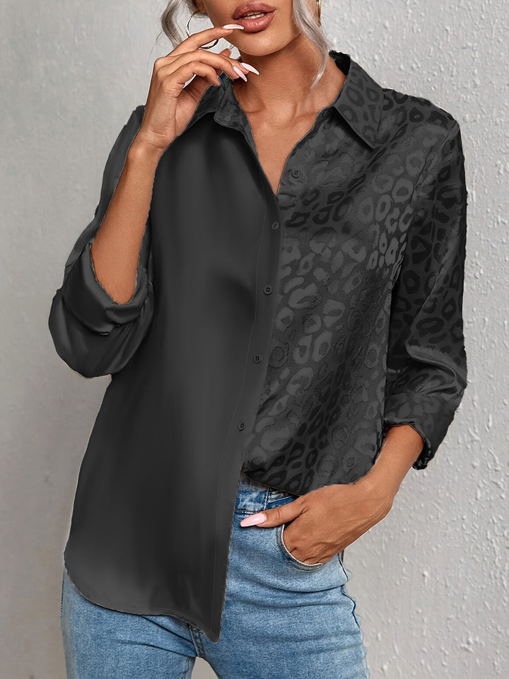 Gwendolyn - חולצת כפתורים דו-גוונית בסאטן עם הדפס ג'קארד נמר