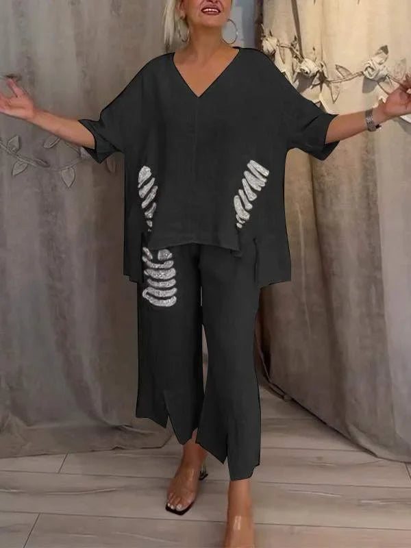 Himashi - חליפת שני חלקים מסוגננת מכותנה ופשתן עם מחשוף V