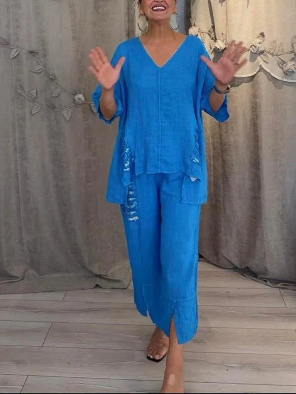 Himashi - חליפת שני חלקים מסוגננת מכותנה ופשתן עם מחשוף V