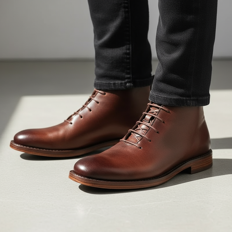 Milovans - Leather Lace-Up Ankle Boots With Round Toe