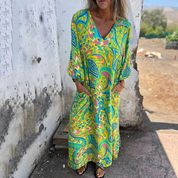 Lowri - שמלת מקסי מסוגננת עם צווארון V וכיסים