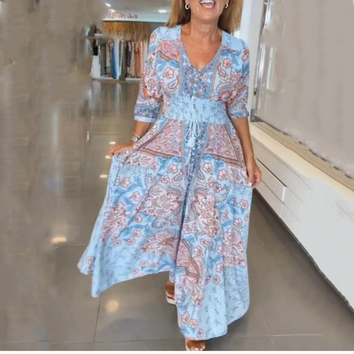 Aliye - שמלת מקסי ארוכה עם הדפס פרחוני אלגנטי וקשירה במותן