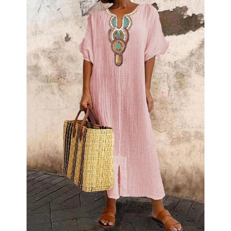 Lioba - שמלת פשתן קז'ואל עם רקמה וחתך