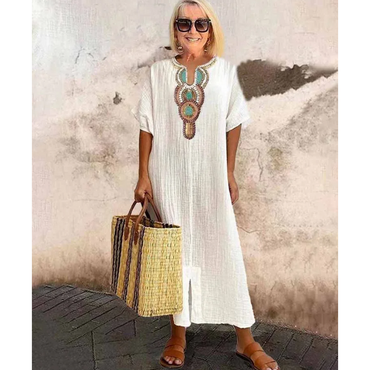 Lioba - שמלת פשתן קז'ואל עם רקמה וחתך